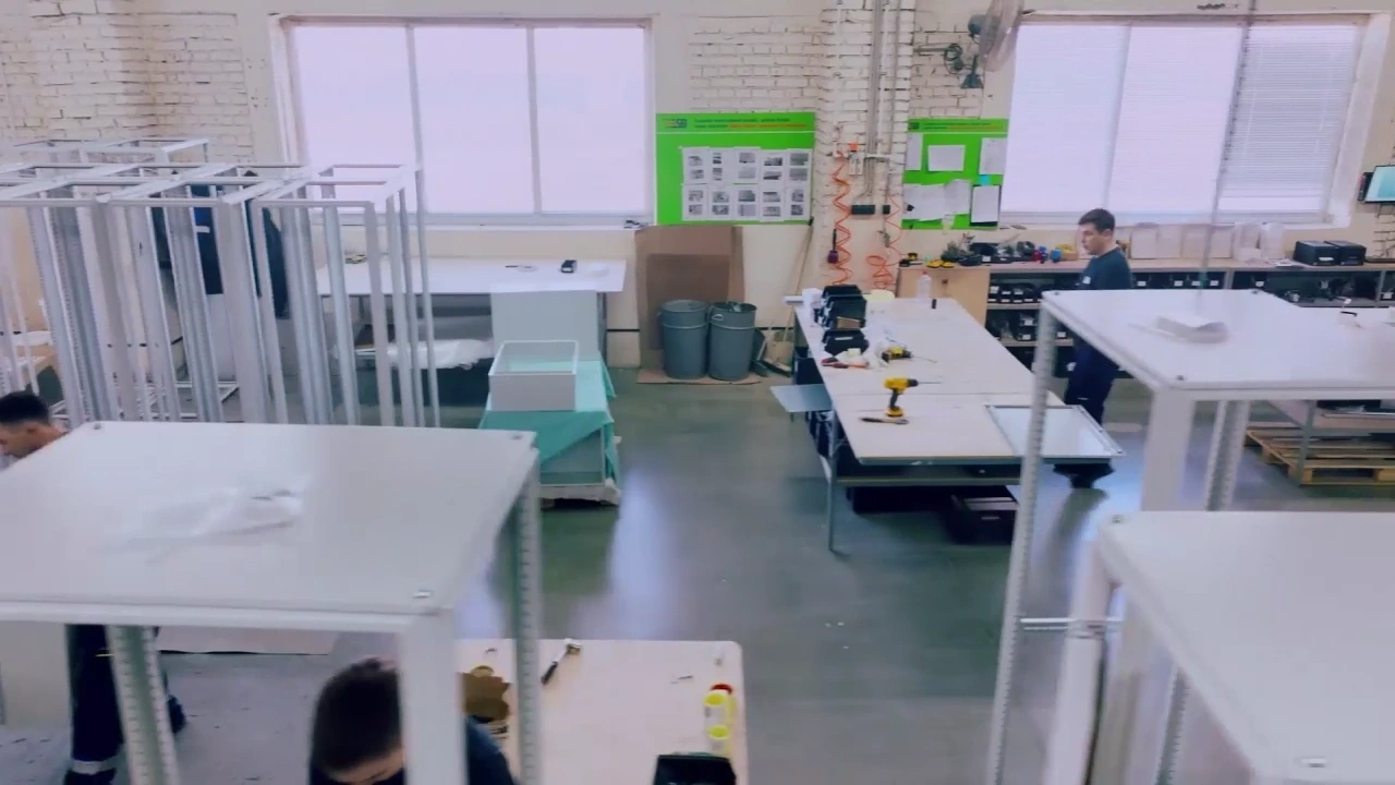 Wide view of the Electric Steel Box assembly area, from the film