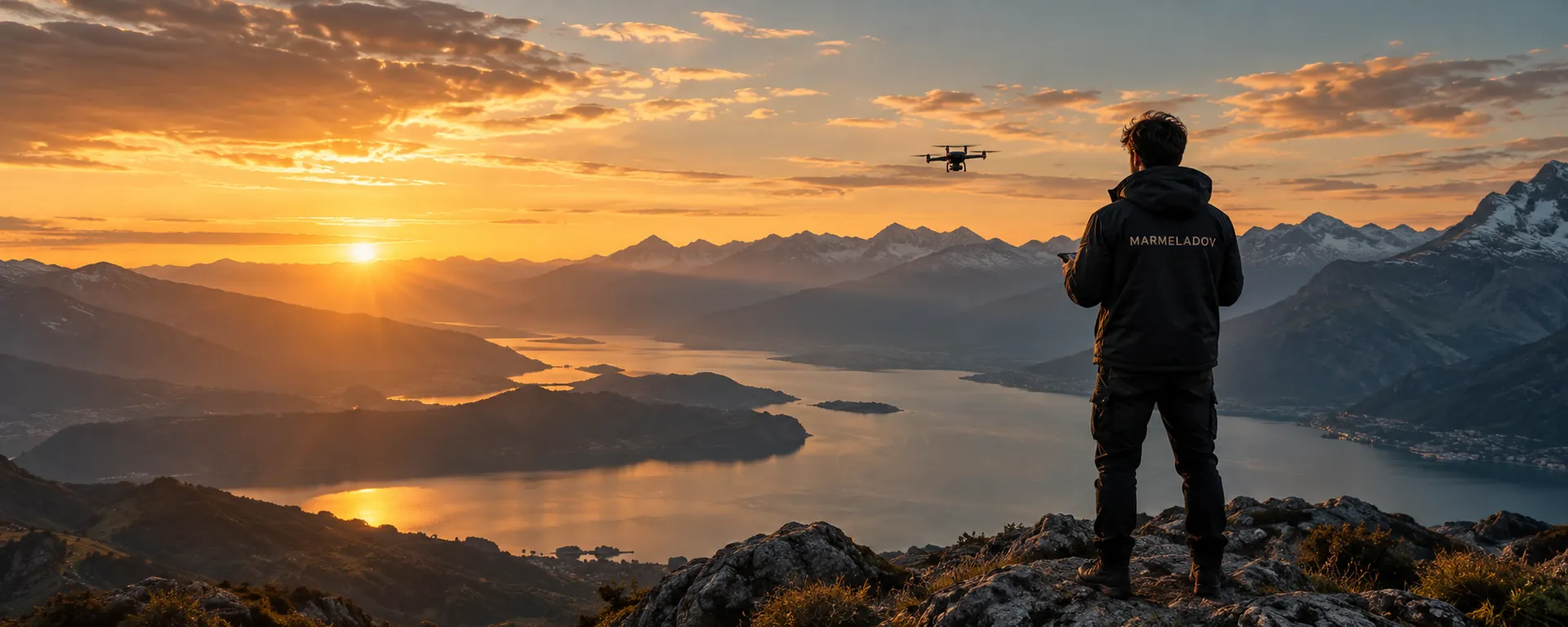 MARMELADOV camera operator with a drone by a lake at sunset