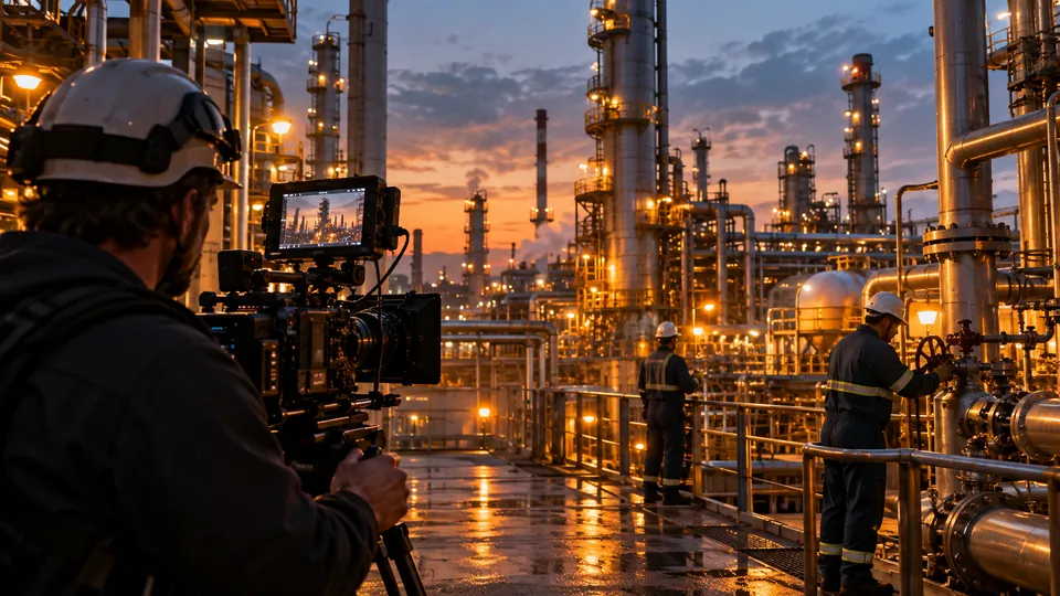 Filming at an oil refinery